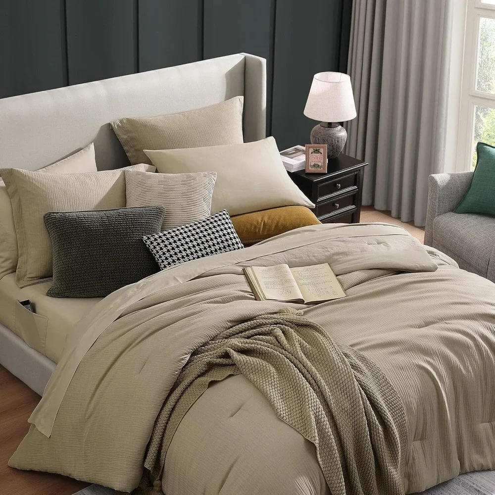 Queen Textured Comforter Set 3 Pieces Oatmeal Comforter + Pillowshams